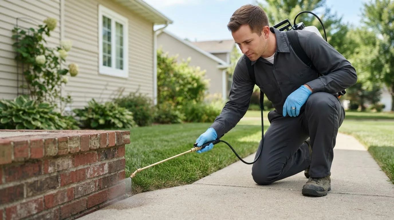 Pest control technician treating a home near Brainerd, MN